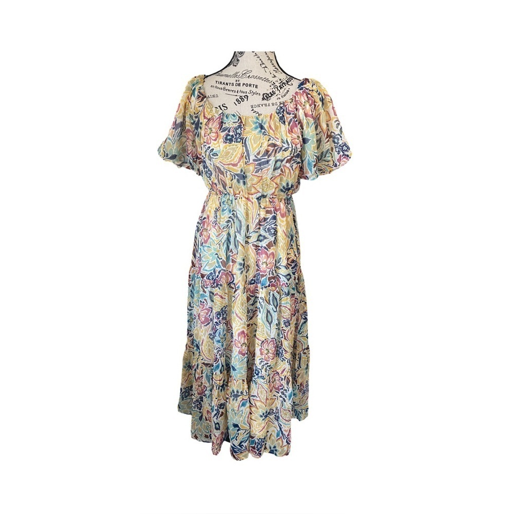 Patrons of Peace Short Sleeve Yellow Floral Leaf Print Dress NWT Size XS